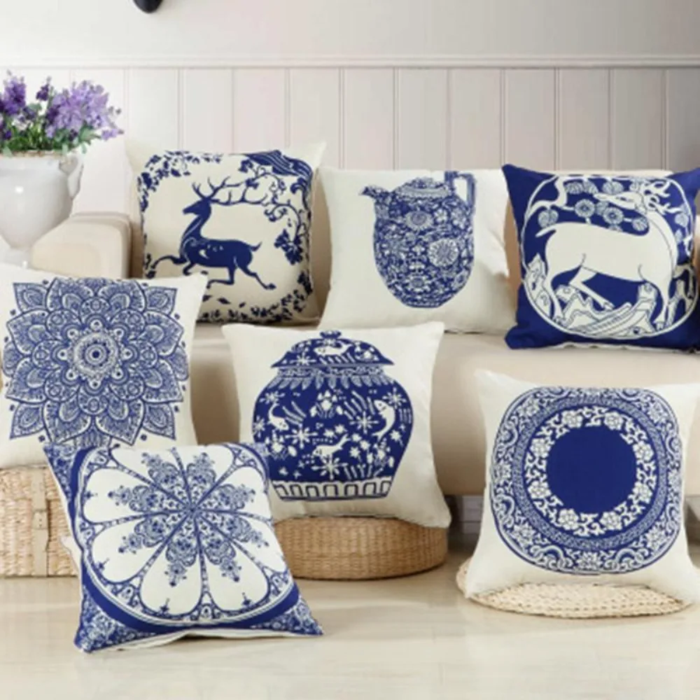 CIFBUY Chinese Classical Blue and White Porcelain Cushion Cover Decorative Throw Pillow Case for Sofa Car Home Textiles