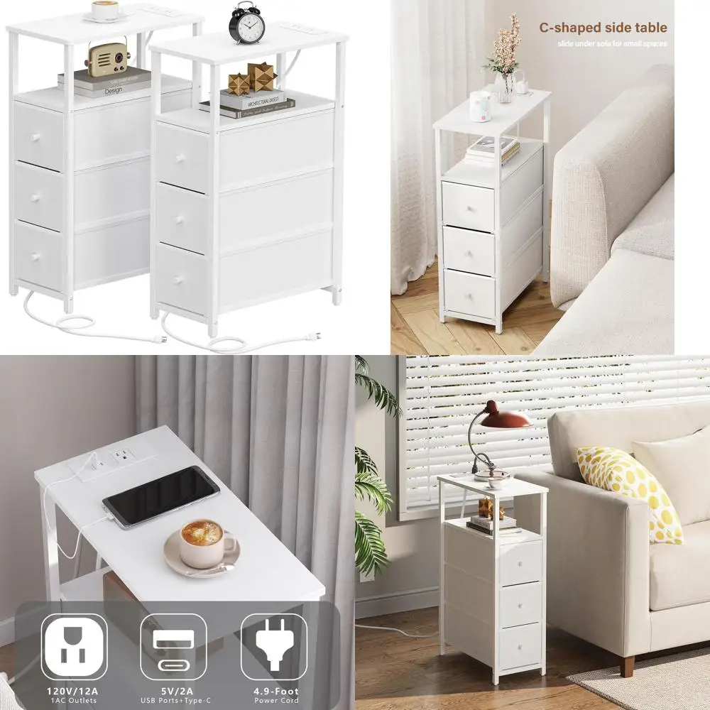 

Narrow Night Stand with Charging Station, Slim End Table with Plugins, Tall Side Table with 3 Fabric Drawer, Small Bedside Table