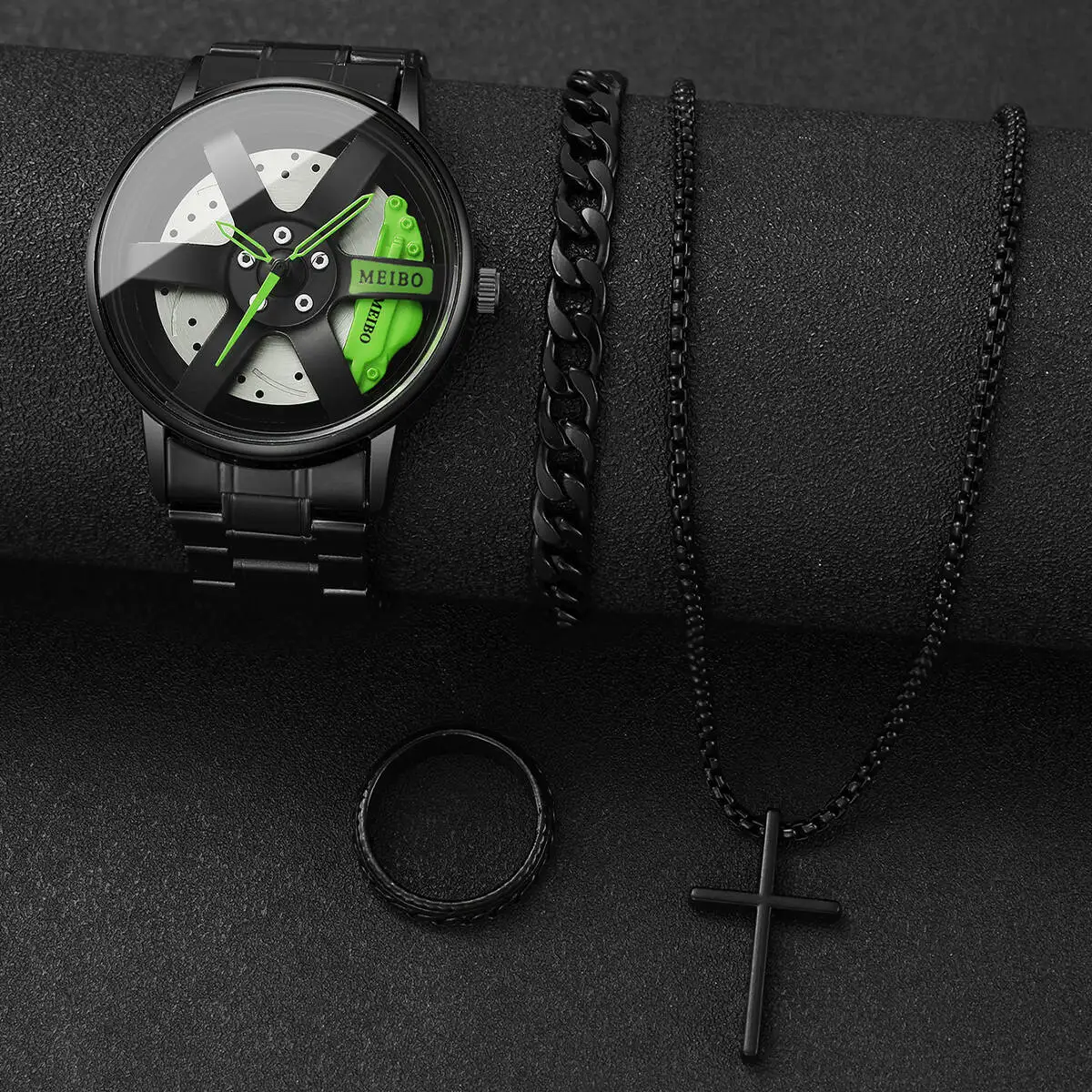 4 개/대 럭셔리 남자 시계 패션 3D 자동차 휠 다이얼 스테인레스 스틸 밴드 쿼츠 시계 남자 시계 Reloj Hombre (상자 제외)