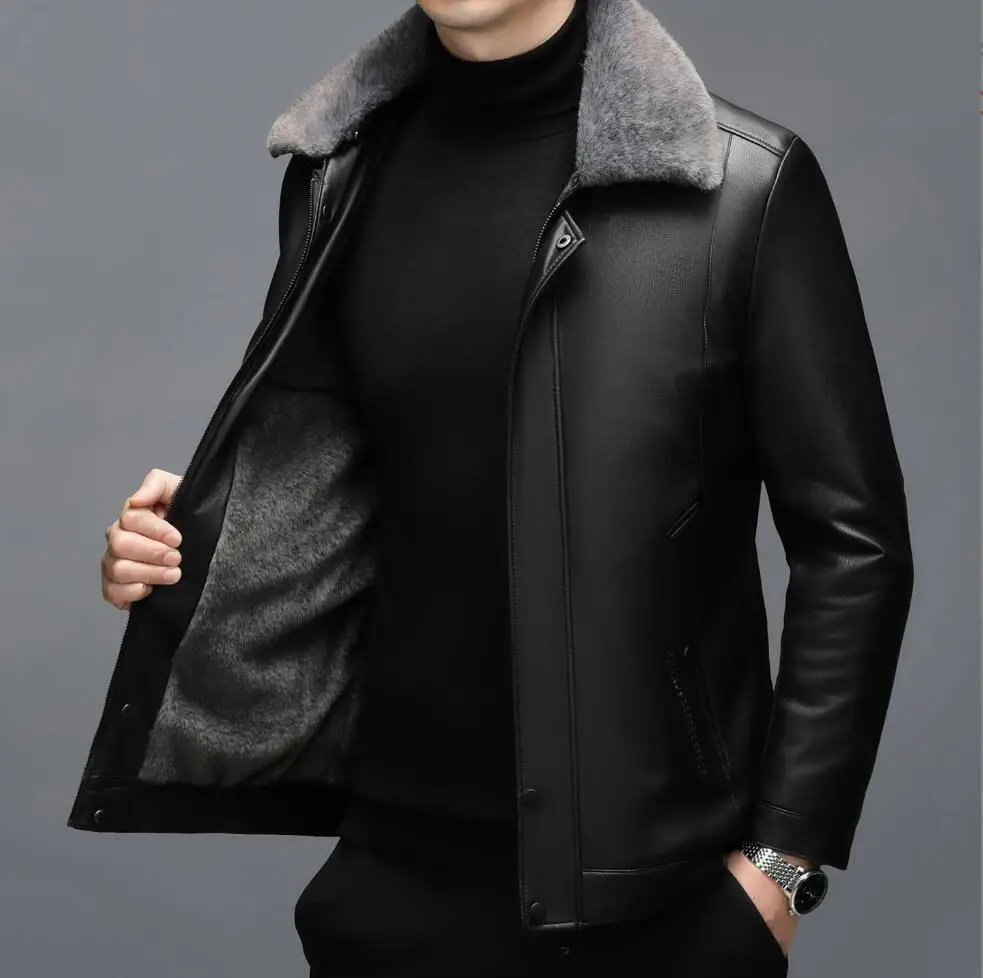 الخريف الشتاء الربيع الرجال معطف جلد طوق معطف جلد مع انفصال الصوف طوق قصيرة عارضة الأعمال جلد الغنم