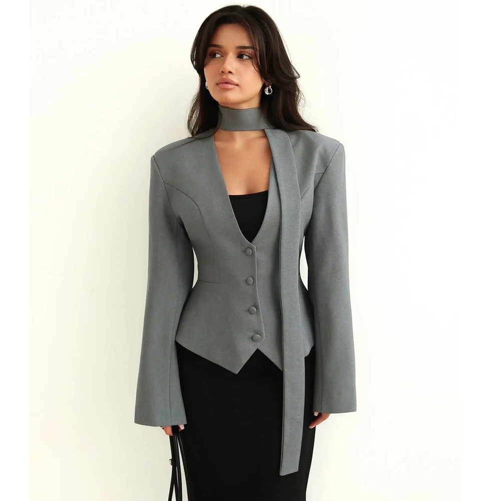Tuularose Single Breasted Coat Women's V Neck Scarf With Long Sleeve Waist-Cinching Blazer Jacket Lady Casual Slim Commute Coat