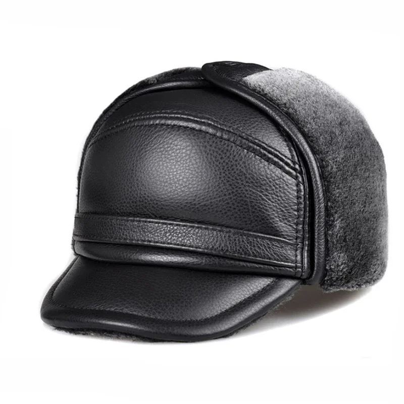 2023 Winter Warm Ear Protection Bomber Hat Man Genuine Leather Faux Fur Inside Black/Brown Ultra Large Size 55-62cm Caps