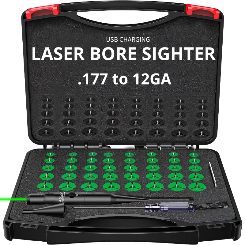 Upgraded Rechargeable Laser Boresigher 64 Adapters USB Charging .177 .22 to 12GA Tactical Laser Collimator