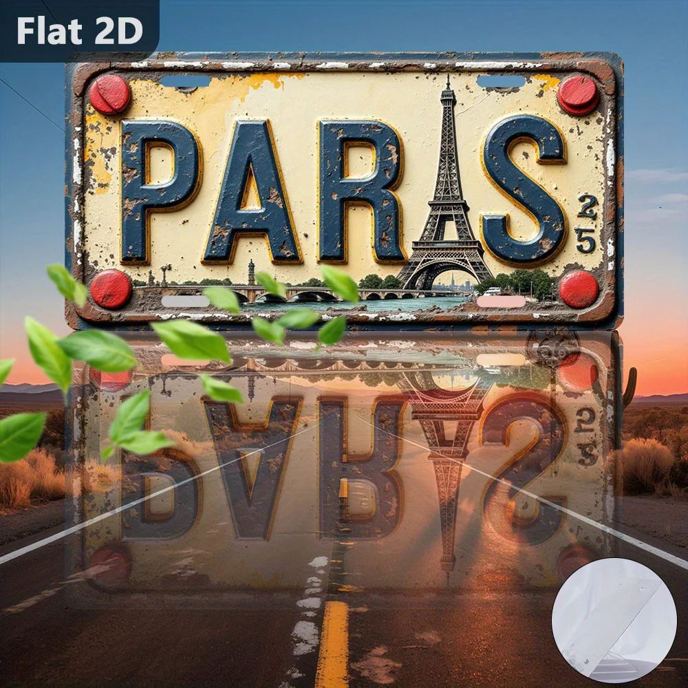 2D Flat - A Vintage Sign Featuring a 2D, Measuring 30.48 cm by 14.99 cm, Depicting The Eiffel Tower in Paris. This Is a Souvenir