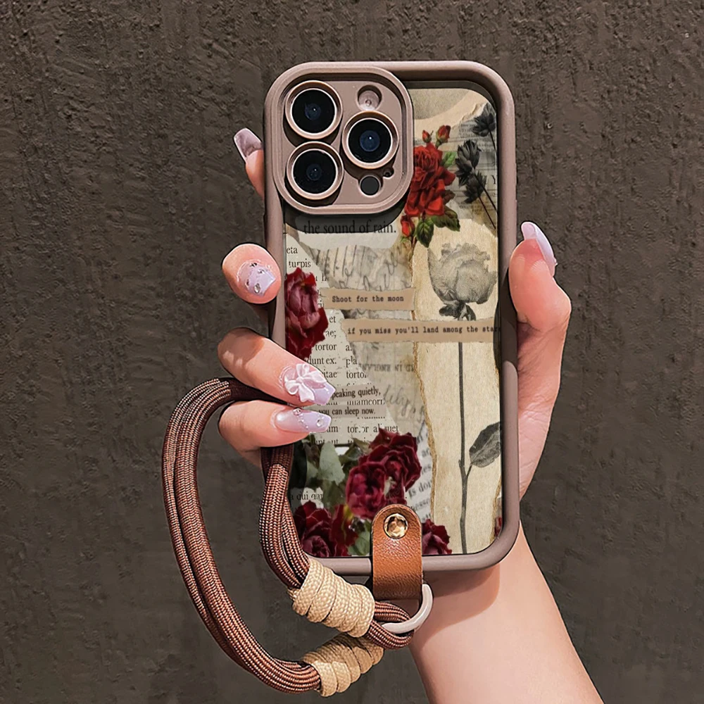 Vintage-Rosen-Silikon-Handyhülle für iPhone 17 16 17 Pro 15 14 13 12 11 Pro Max 16E 7 8 Plus XR XS mit Lanyard Stoßfeste Hülle – Detail 3