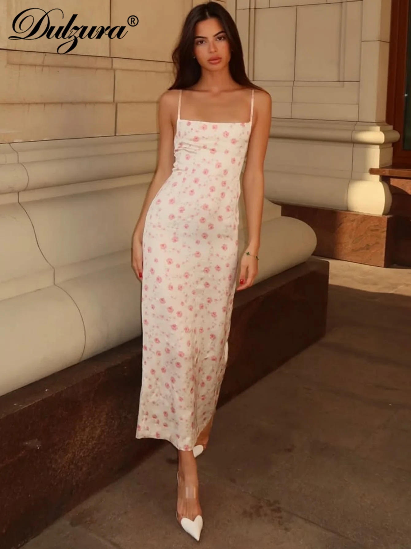 Dulzura Bez Rękawów Bez Pleców Wąska Sukienka na Ramiączkach z Kwiatowym Nadrukiem, Długa Sukienka Sexy Elegancka Codzienna Sukienka na Imprezę Klub Uliczne Letnie Ubrania