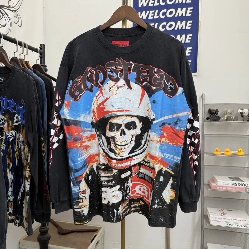 

Retro Heavy Waed Skull Letter Logo Men's Long Sve T-irt Street Sle Motorcycle Creative Fun Print Casual Autumn Top