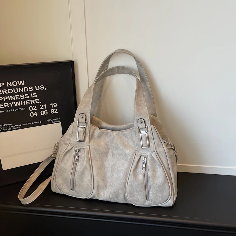 Pu Solid Color Zipper Large Capacity Casual Tote 2026 High Quality Light Luxury Bags Daily Commute Durable Shoulder Bags
