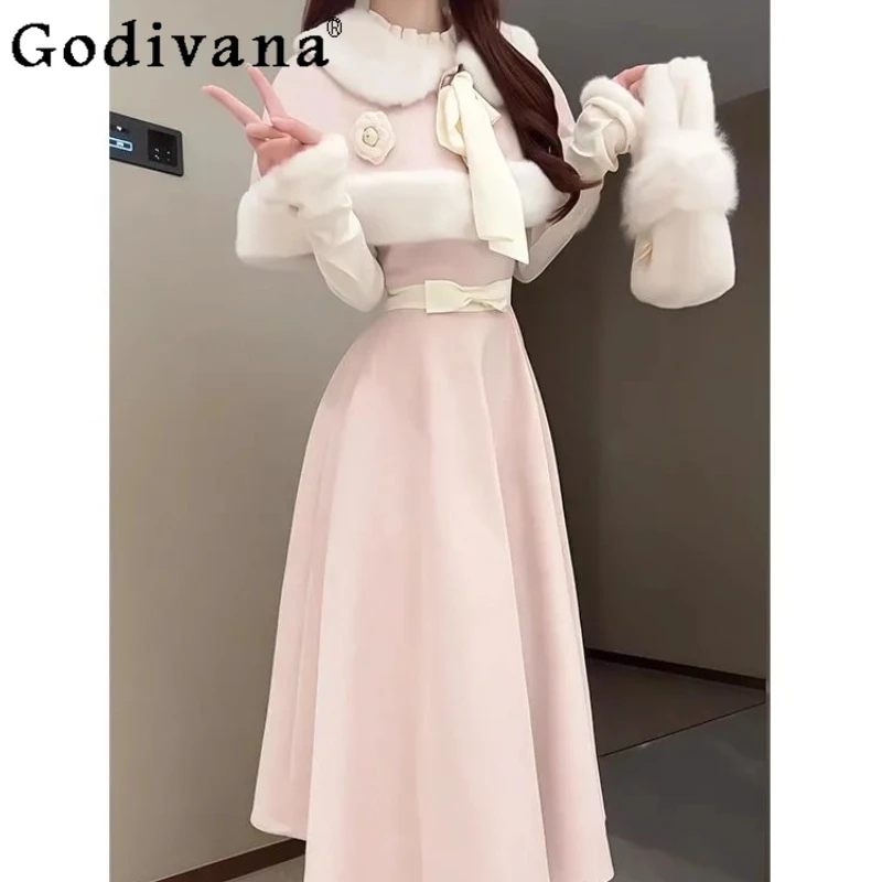 

Autumn Winter New Sweet Set Women Bow Waist Dress Cape Coat Two Piece Suits Female Japanese Style Lolita Dress Outfits