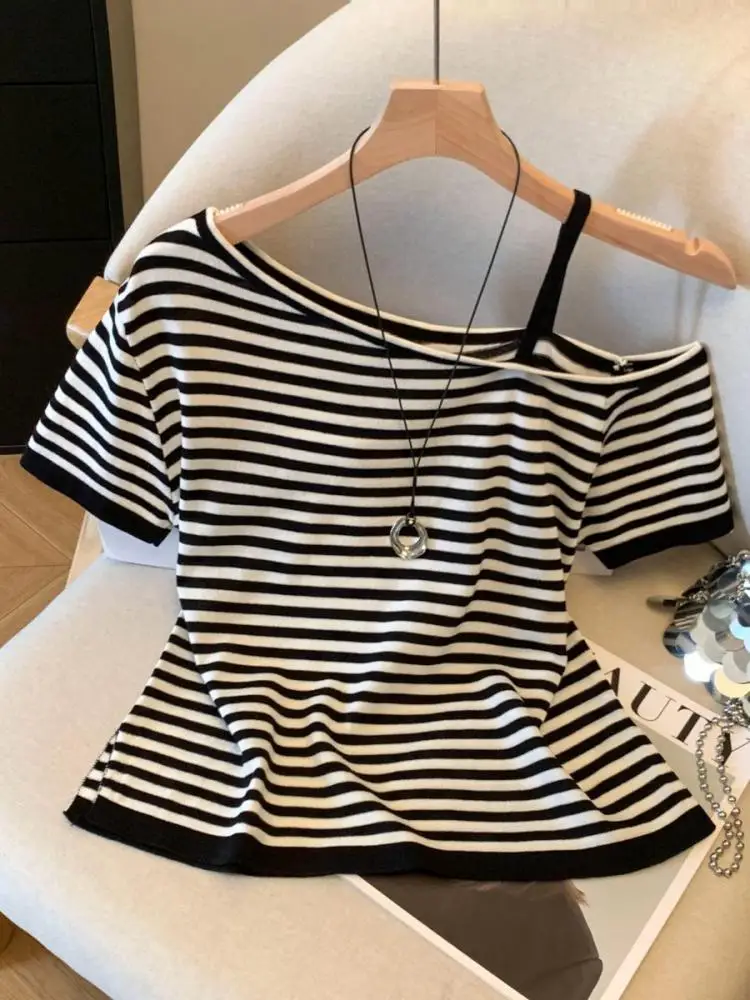 

French Women Striped Slant Neck Off Shoulder Pullover T Shirt Clothing 2025 Summer Vacation Short Sleeved Knitted Tops Trendy