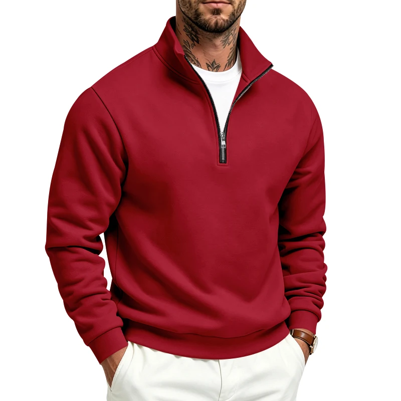 Herren-Sweatshirt mit Fleecefutter für Herbst und Winter, Stehkragen, halber Reißverschluss, langärmelig, einfarbig, warme Freizeitjacke – Detail 31