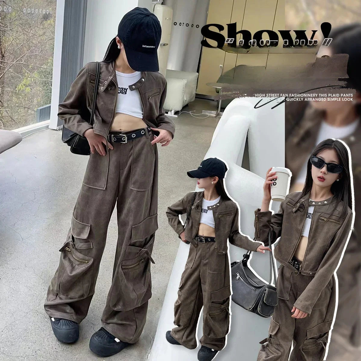 

Girls Spring Autumn denim clothes Set short jacket+cargo pants Fashion Korean Girls Retro Motorcycle Clothing suit child outfits