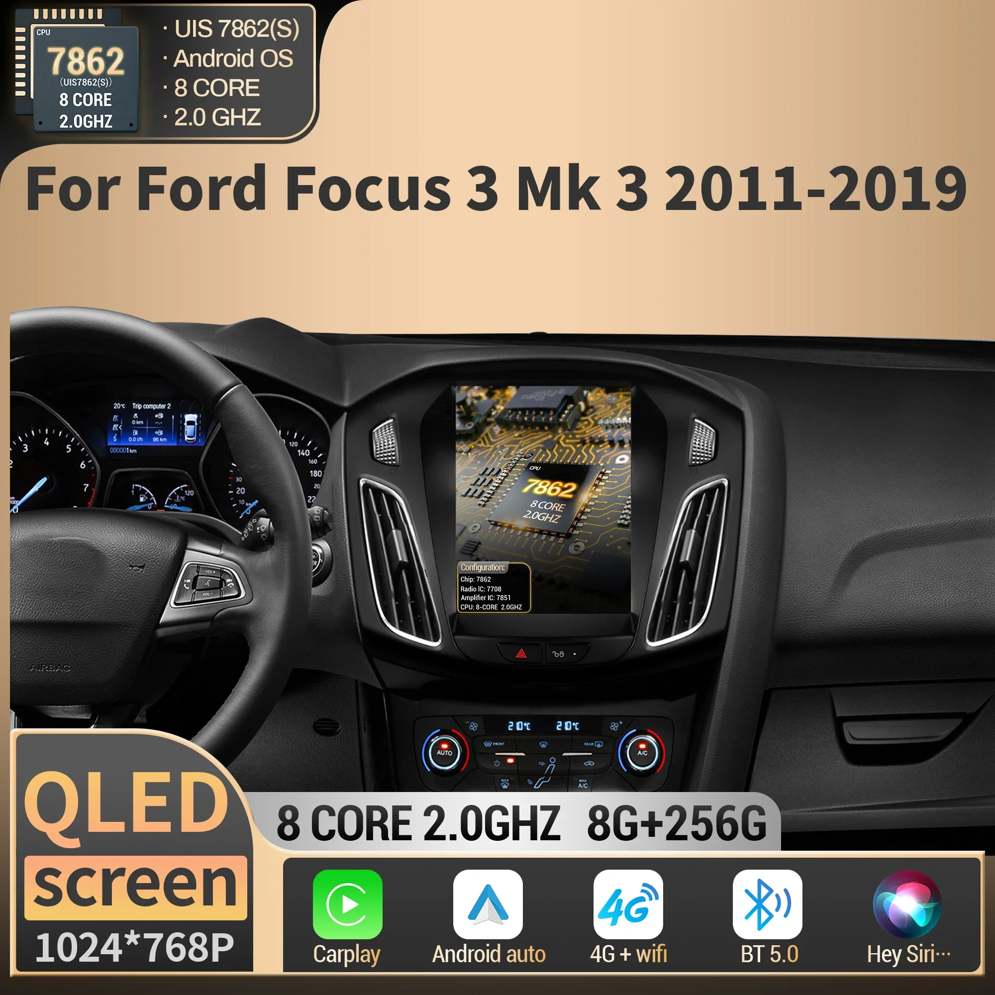 9.7 Inch For Ford Focus 3 Mk 3 2011 2012 2013 2014 2015-2019 4G Car Radio Multimedia GPS Stereo Wirelss BT Carplay QLED Screen
