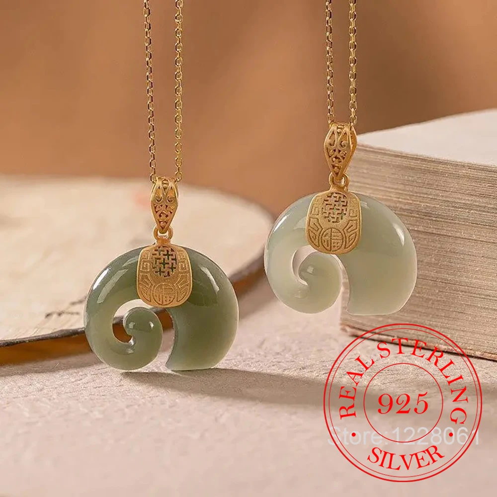 

925 Sterling Silver Jewelry 18K Gold Plated Natural Jade Elephant Necklace Pendant for Women Wedding Party Jewelry Friend Gift