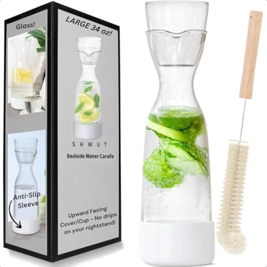 

Прикроватный графин для воды и стеклянный набор Бессвинцовый стеклянный графин с щеткой Противоскользящая и эргономичная ручка Прикроватный диспенсер для воды для мытья посуды