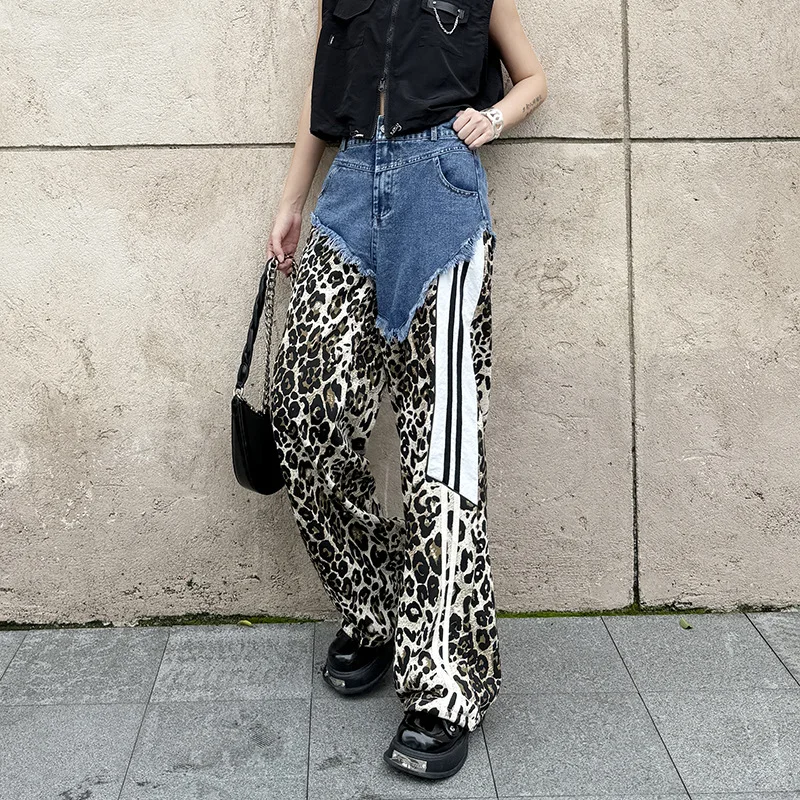 

Women Pants Casual Capris Leopard Print Color Block Patchwork Y2k Elastic Waist Loose Slight Strech Streetwear 2025 Summer