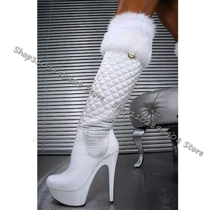 White Fur Decor Platform Boots Round Toe Splicing Side Zipper High Heels Shoes Winter Warm Women Boots 2023 Zapatos Para Mujere