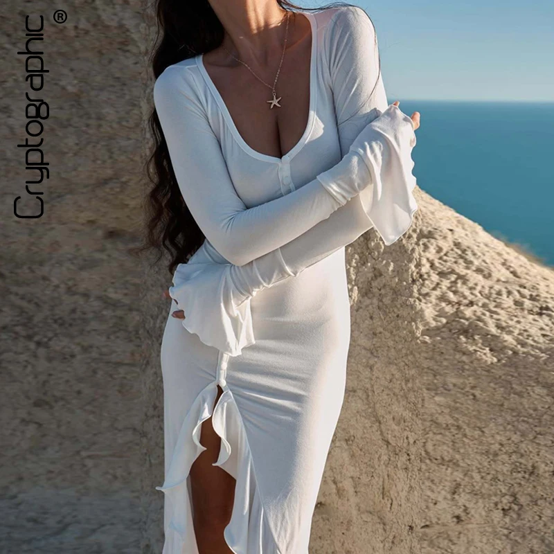 

Cryptographic Elegant Ruffled Split Maxi Dress Party Club Outfits Asymmetrical Single-breasted Long Dresses Gown Solid Autumn