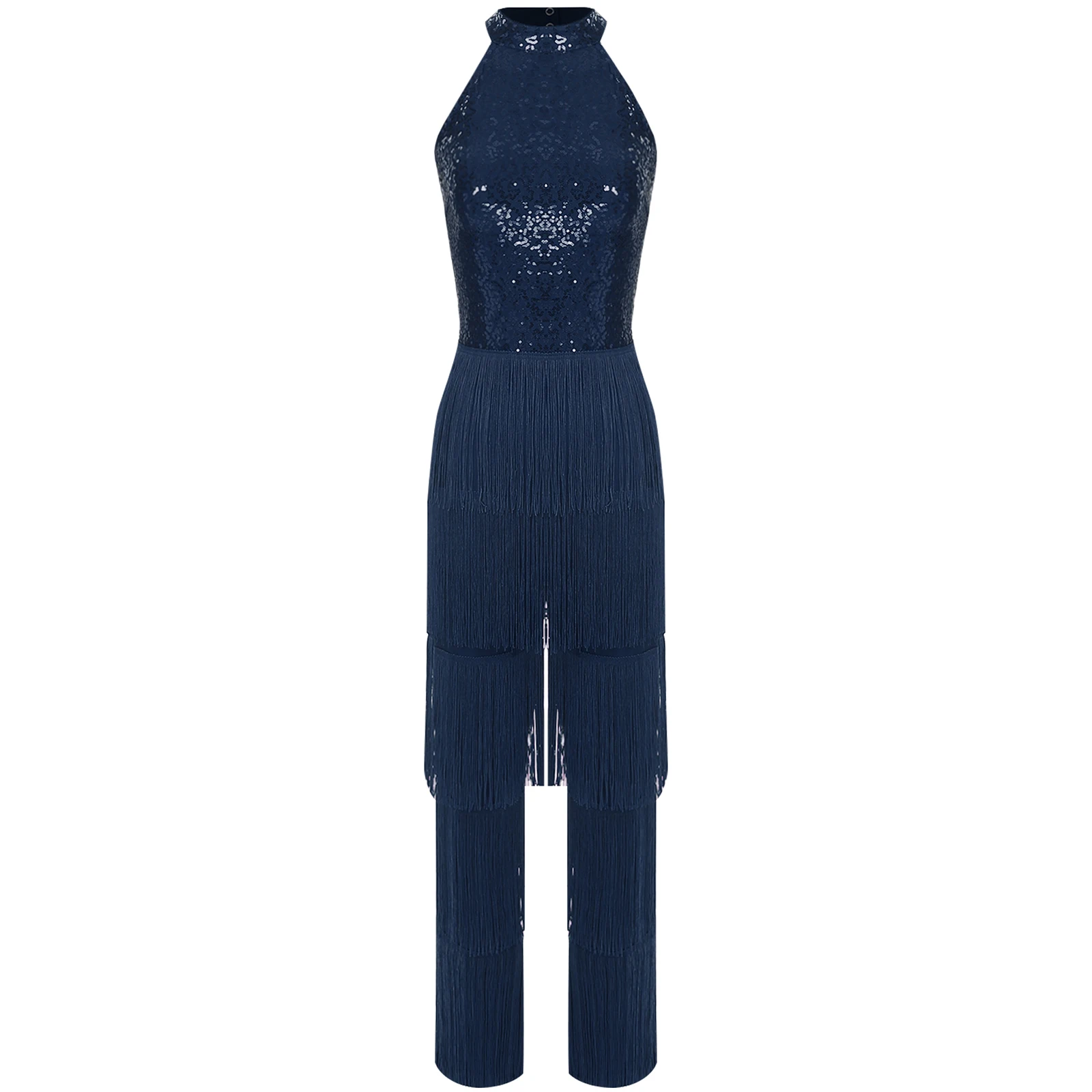 Womens pailletten jumpsuit gelaagde kwastje rompertjes halter mouwloos backless turnpakje clubwear bodysuit voor cha-cha latin jazz dans