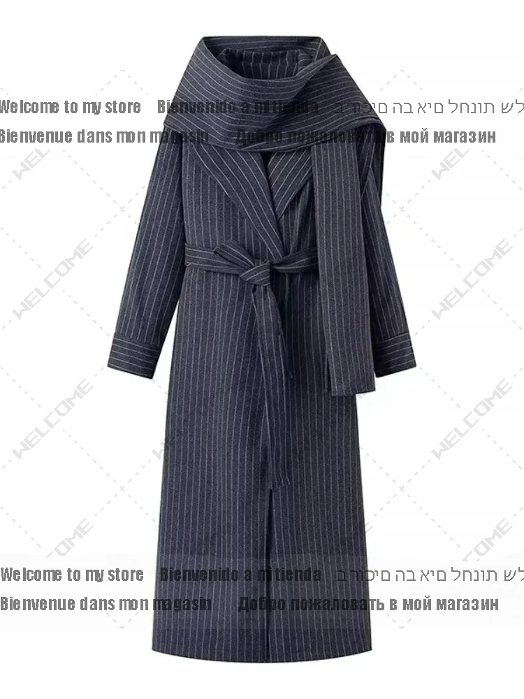 Vintage Striped Long Trench Coats Women Casual Loose Single Button Coats With Muffler Belts Female Autumn Elegant Chic Outwear