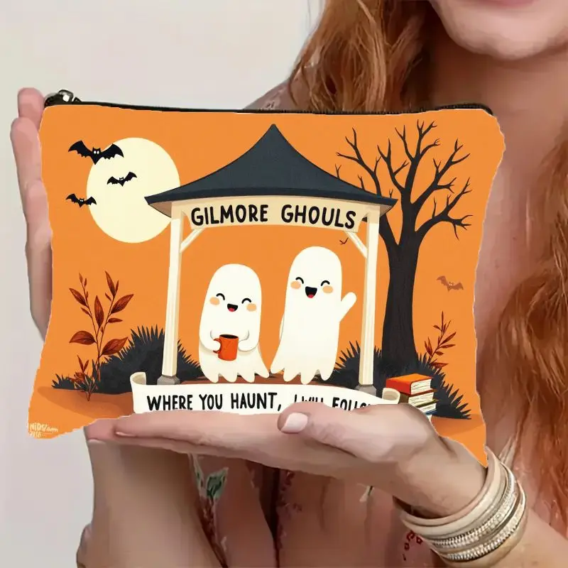 Gilmore Ghouls Cute Ghost Print Makeup Bag Featuring  Zipper Closure Ghost & Bat Halloween Cosmetic Organizer Gift