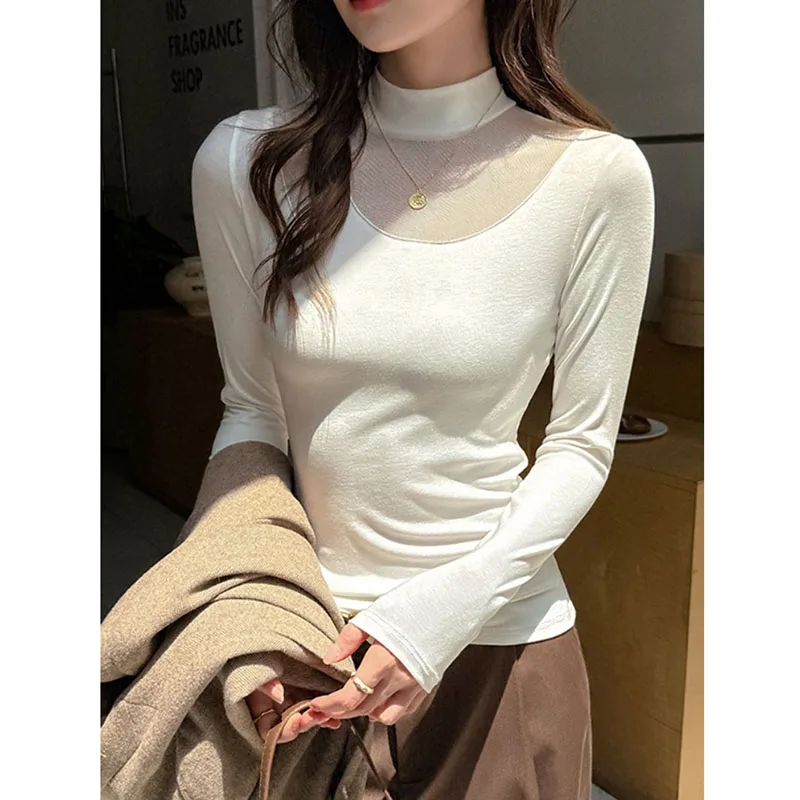 

Модные женские футболки из сетки с лоскутным узором, корейский стиль, облегающие, с вырезами, с воротником-стойкой, с длинным рукавом, женские базовые топы в стиле Y2K для уличной моды