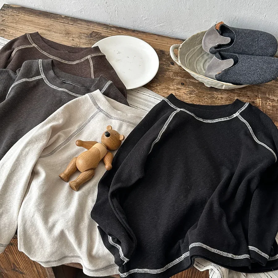 

Autumn New Children's Clothes Topstitched Long Sleeve T-Shirt Toddler Crew Neck Tee Minimalist Chic Kids Layering Top