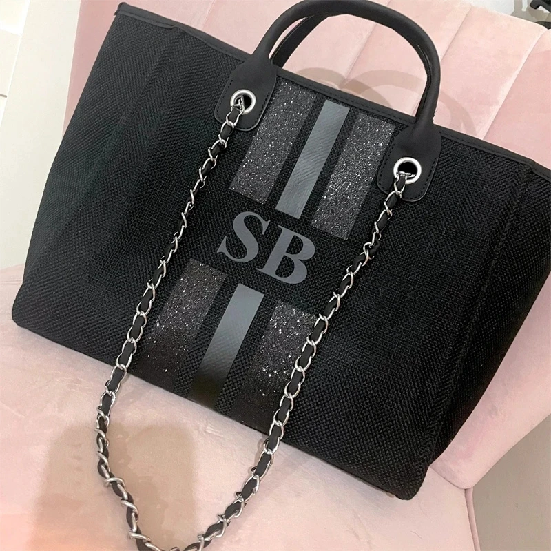 

Personalized Monogram Tote Bag Canvas Custom Black Glitter Chain Handbag Personalised Black Initials Bachelorette Gift Hen Party