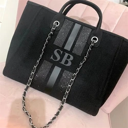 Personalized Monogram Tote Bag Canvas Custom Black Glitter Chain Handbag Personalised Black Initials Bachelorette Gift Hen Party