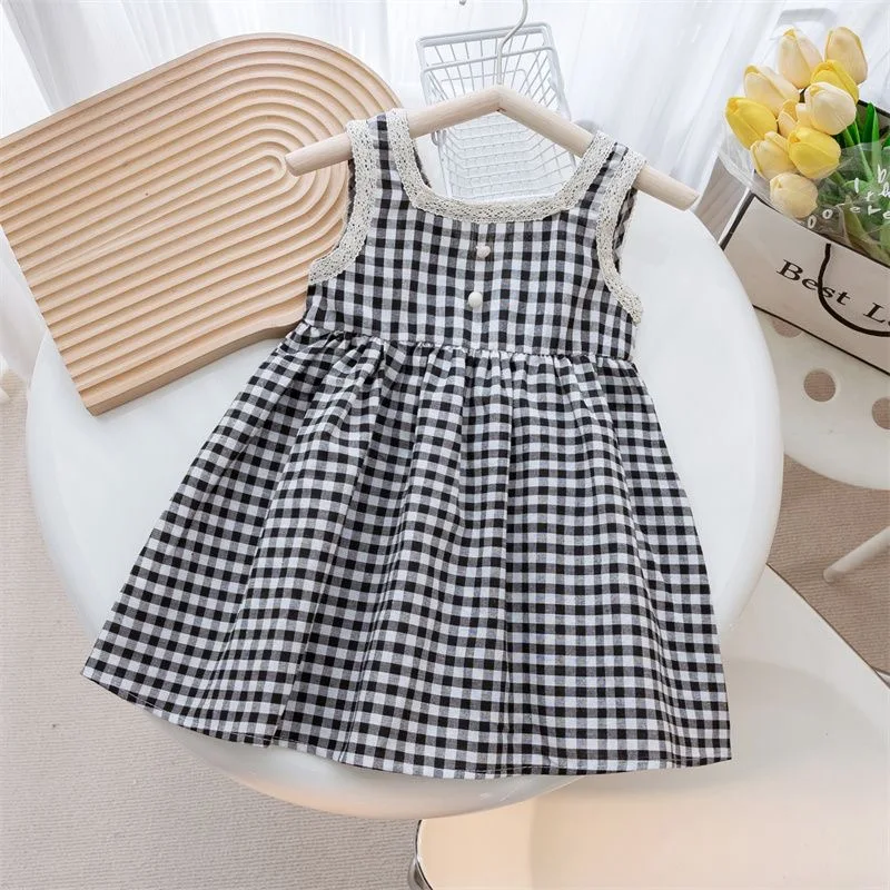 Congme 1-8 Yrs Girls Dress Baby Kids Plaid Skirt Fashion Korean Style Lace Black and White Clothing Princess Dress