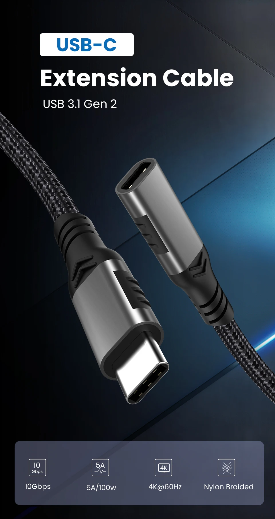 Dodatkowe 3M 10FT żeński kabel rodzaj USB C 3.1 100W kabel USBC 10Gbps 4K kompatybilny z dokowaniem USB C/Dell XPS/Magsafe ładowarka