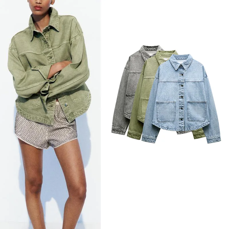 

Spring New Loose Casual Collar Long Sve Patch ket Denim Jaet Women's Outerwear Classic Versatile Comfortable Fit Coat