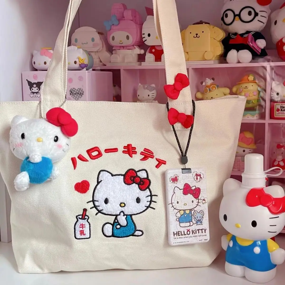 Cute hello kitty Embroidered Canvas Bag Girls Large Capacity Portable Outgoing Shopping Bag Handheld Shoulder Bag Commuter Versa