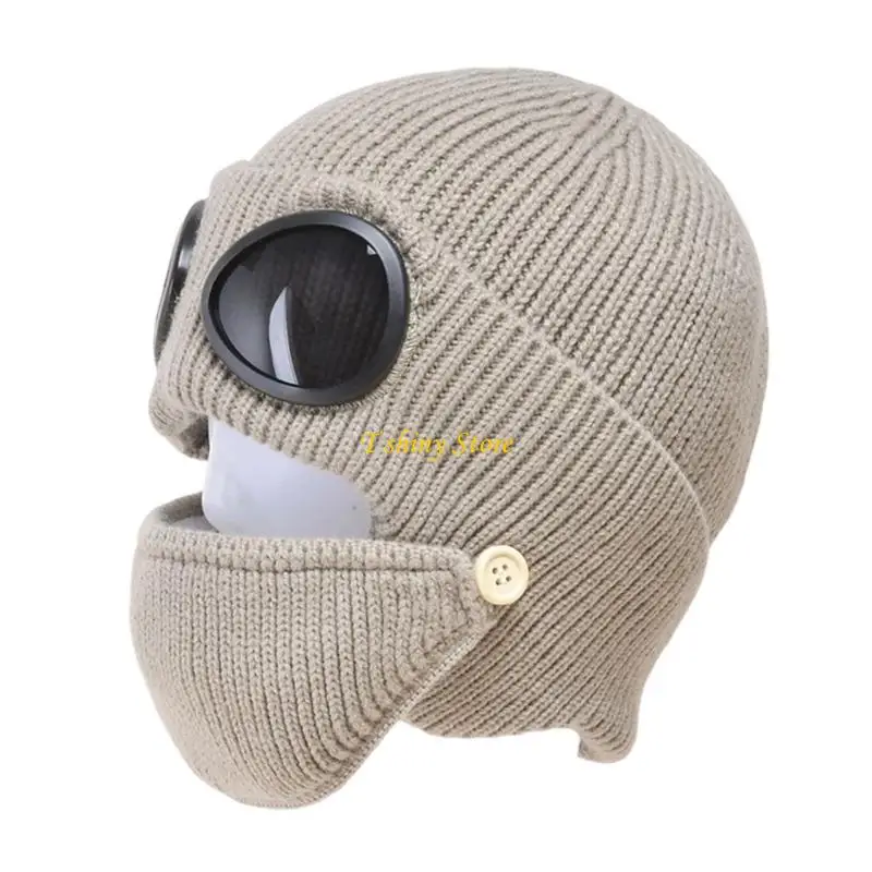 N58F Winter Ear Flaps Hat with Ear Covering Panels, Pull-Up Lower-Face Coverage, and Ribbed Acrylic Construction for Winter Wear