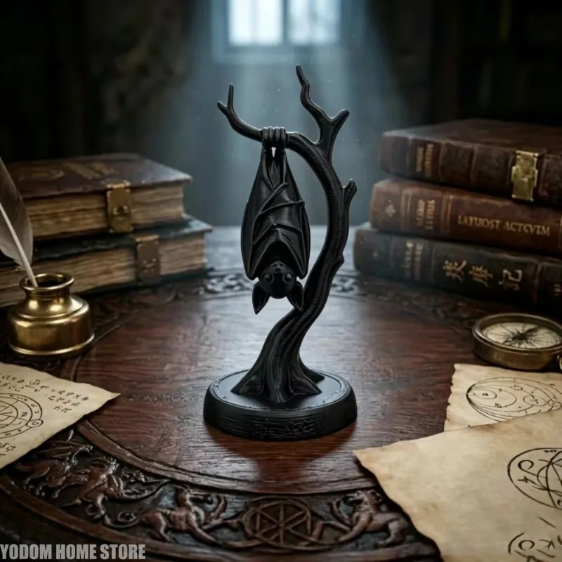 3D Printed Bat on Dead Branch Figurine, Gothic Spooky Halloween Ornament for Desktop & Bookshelf, Holiday Gift