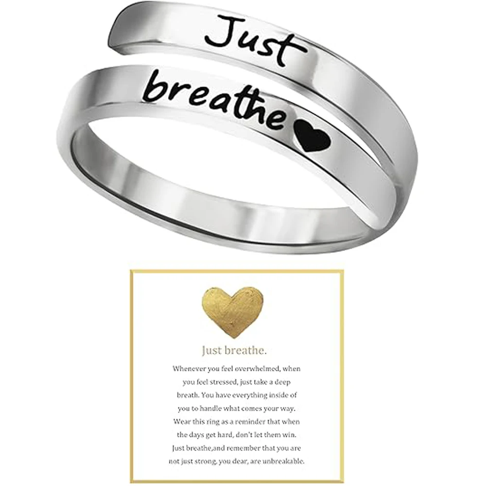 Adjustable Just Breathe Heart Ring for Women Men, Stainless Steel Spiral Wrap Healing Rings, Inspirational Heart felt Gifts