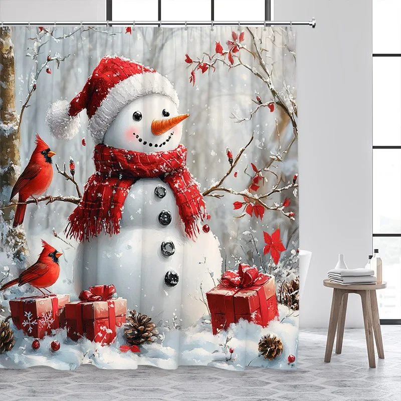 Christmas Snowman Shower Curtains Red Bird Berry Rabbit Winter Forest Snowflake New Year Home Bathroom Curtain Decor With Hooks