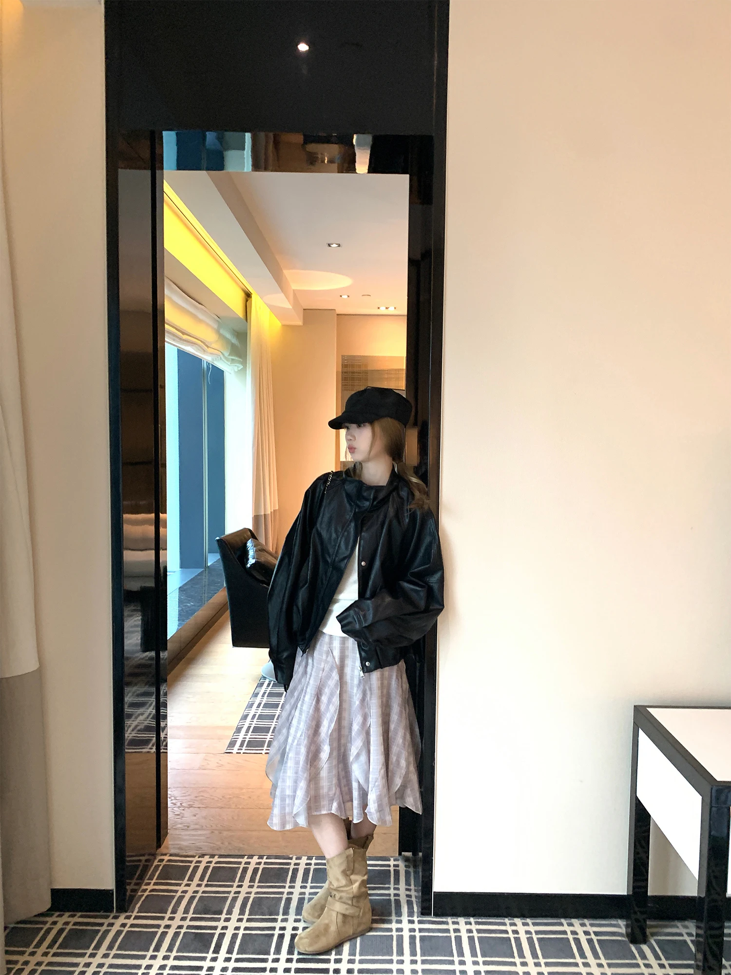 Cool Loose Bla Rose Bar Flower Bud Women's Jaet Leather Coat Sli Commute Wind Resistant ort Sve Long Coat