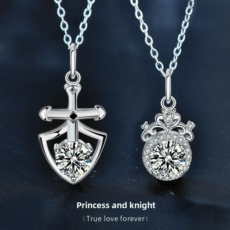 Light luxury 925 sterling silver princess and knight moissanite couple necklace, anniversary valentine's day gift