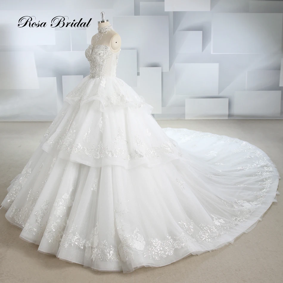 XY-2326 Lace Applique Crystal Beading Royal Train Luxury Wedding Dress