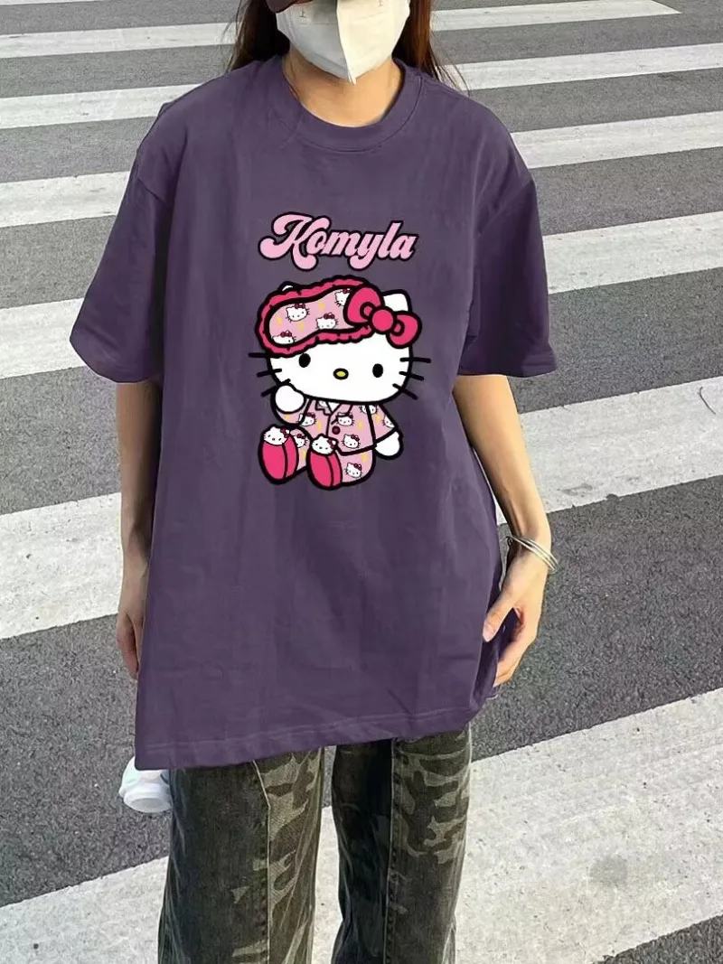 

Summer Fun Cute Girl Cartoon Hello Kitty Print Pure Cotton Short Sleeved T Shirt Women Preppy Style Casual Student Oversized Top