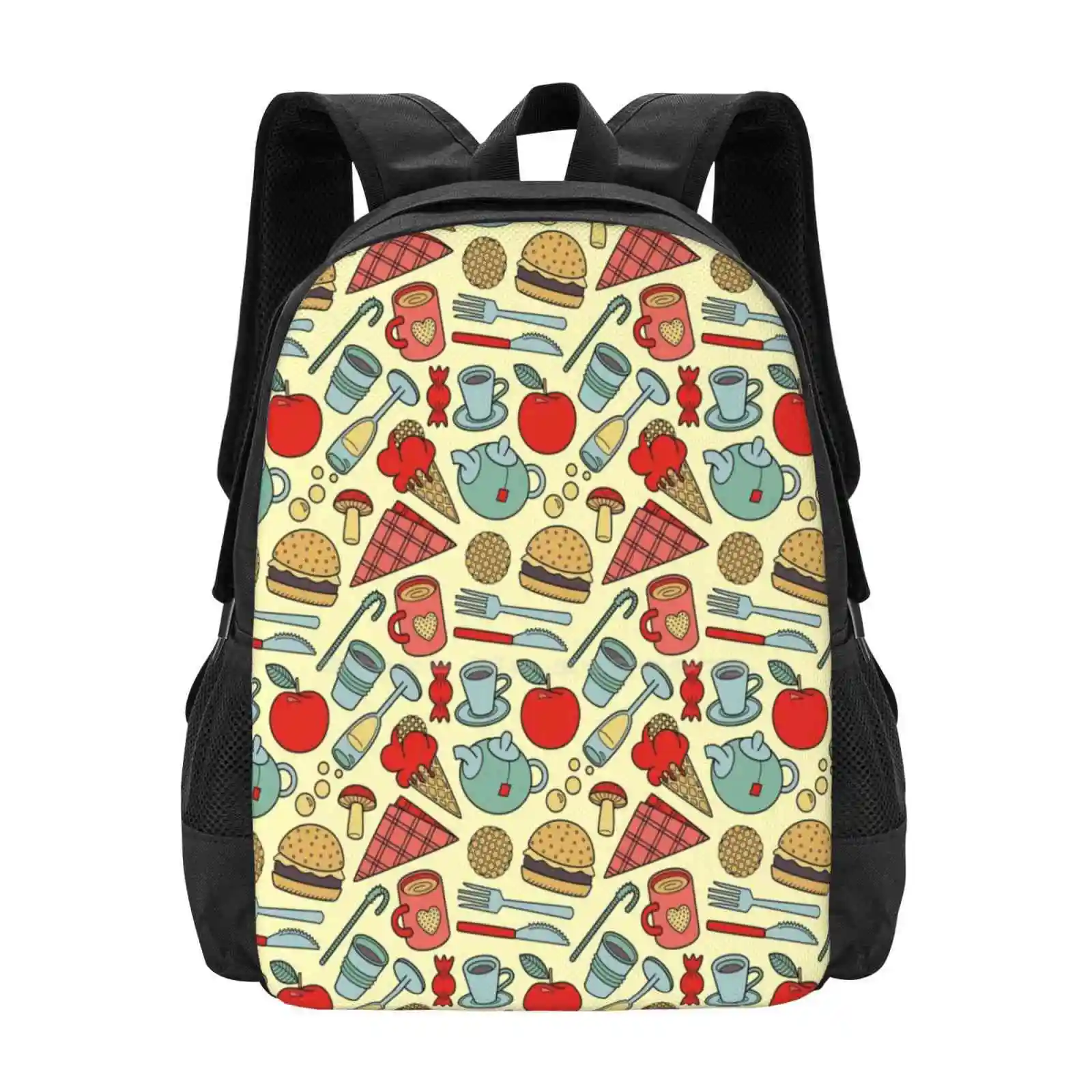 Foodie Fashion Pattern Design Travel Laptop School Backpack Bag Doodles Food Knife Fork Mushroom Burger Ice Cream Candy Straw