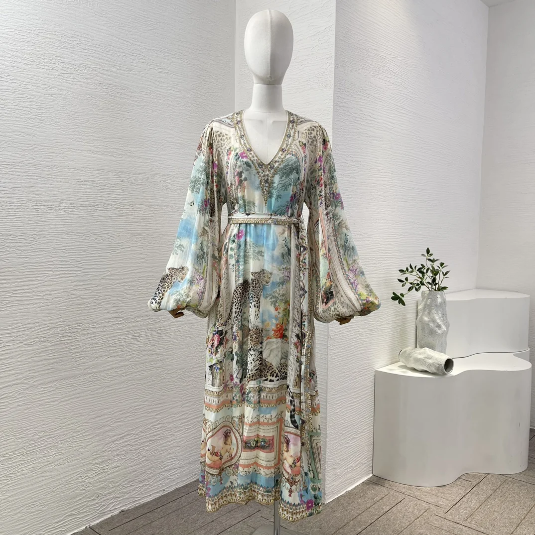 2024 Spring Autumn New Color Floral Diamond-Encrusted V-neck Long Sleeve Lantern Sleeve Loose Belt Long Dress