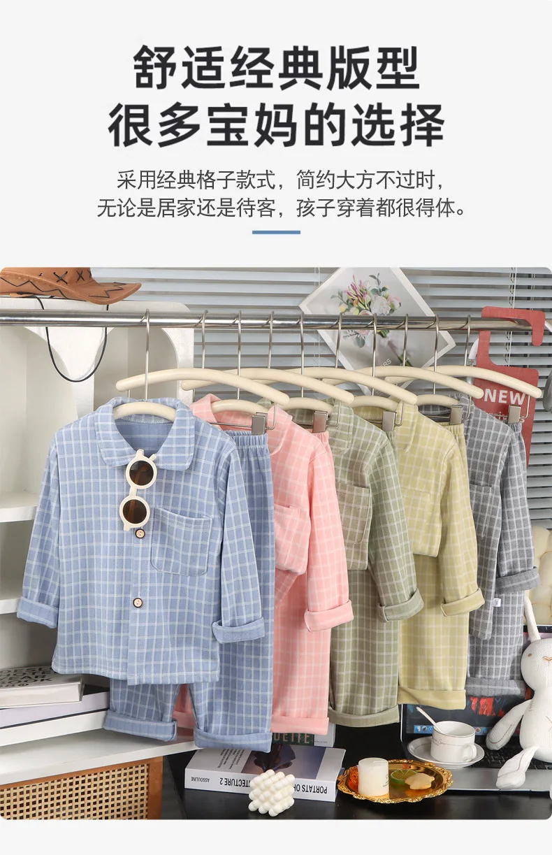Langarm-Langhosen-Mädchen-Pyjama, kariertes Loungewear-Set, Herbst-Winter-Loungewear, dickes zweiteiliges Set, Pyjama mit Kragen für Kinder und Jungen – Detail 3
