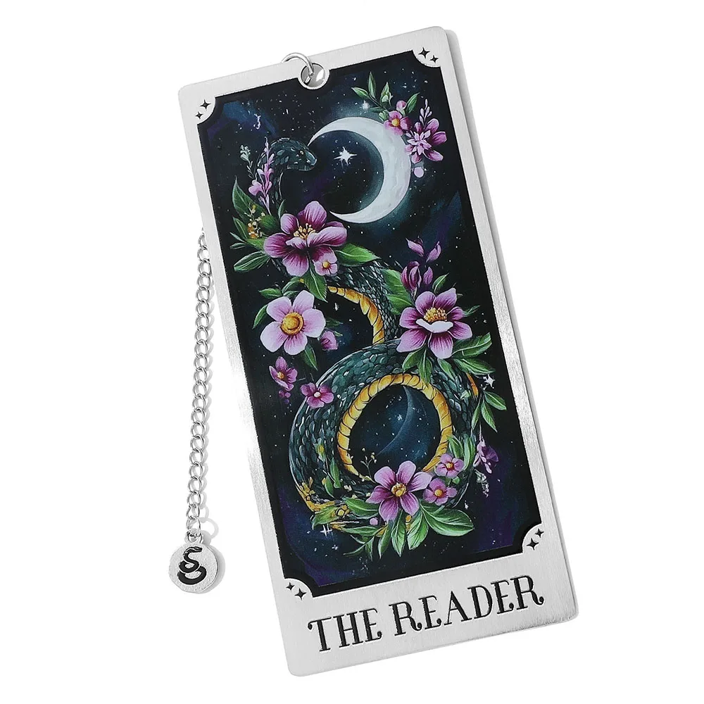 

1pc Metal Stainless Steel Bookmark - Curve Design Art Flower & Snake with Chain Pendant - Holiday Gift, Reading Gift for Friends