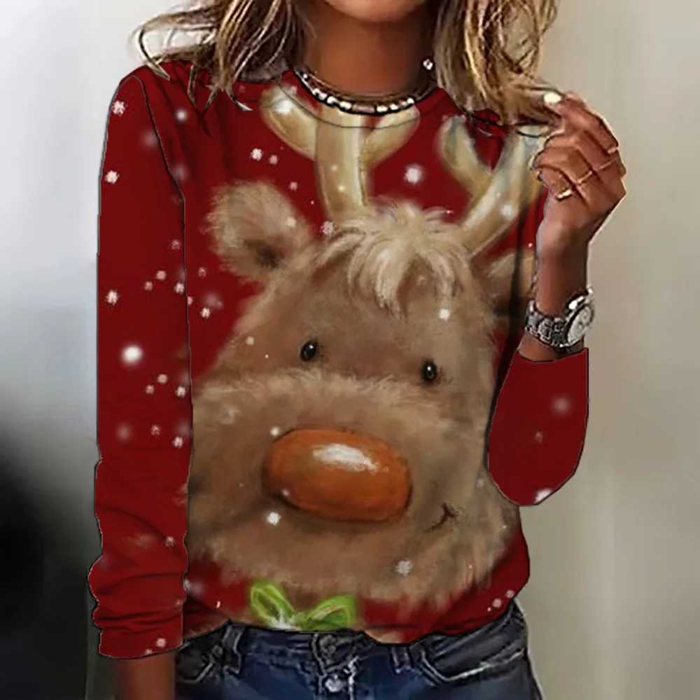 Father Christmas Deer Harajuku Clothing For Women Oversized Cotton T-Shirt Tops O Neck Casual Long Sleeve Female Fashion Streetw