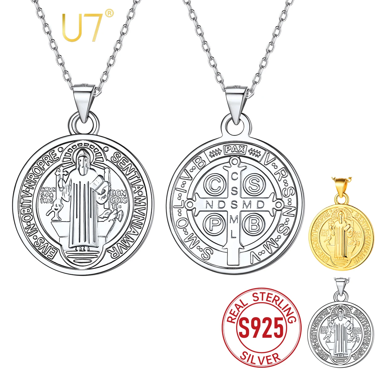 U7 925 Sterling Silver Coin Saint Benedict Necklace Dainty Chain Sacramental Medal Pendant Religious Catholic Unisex Jewelry