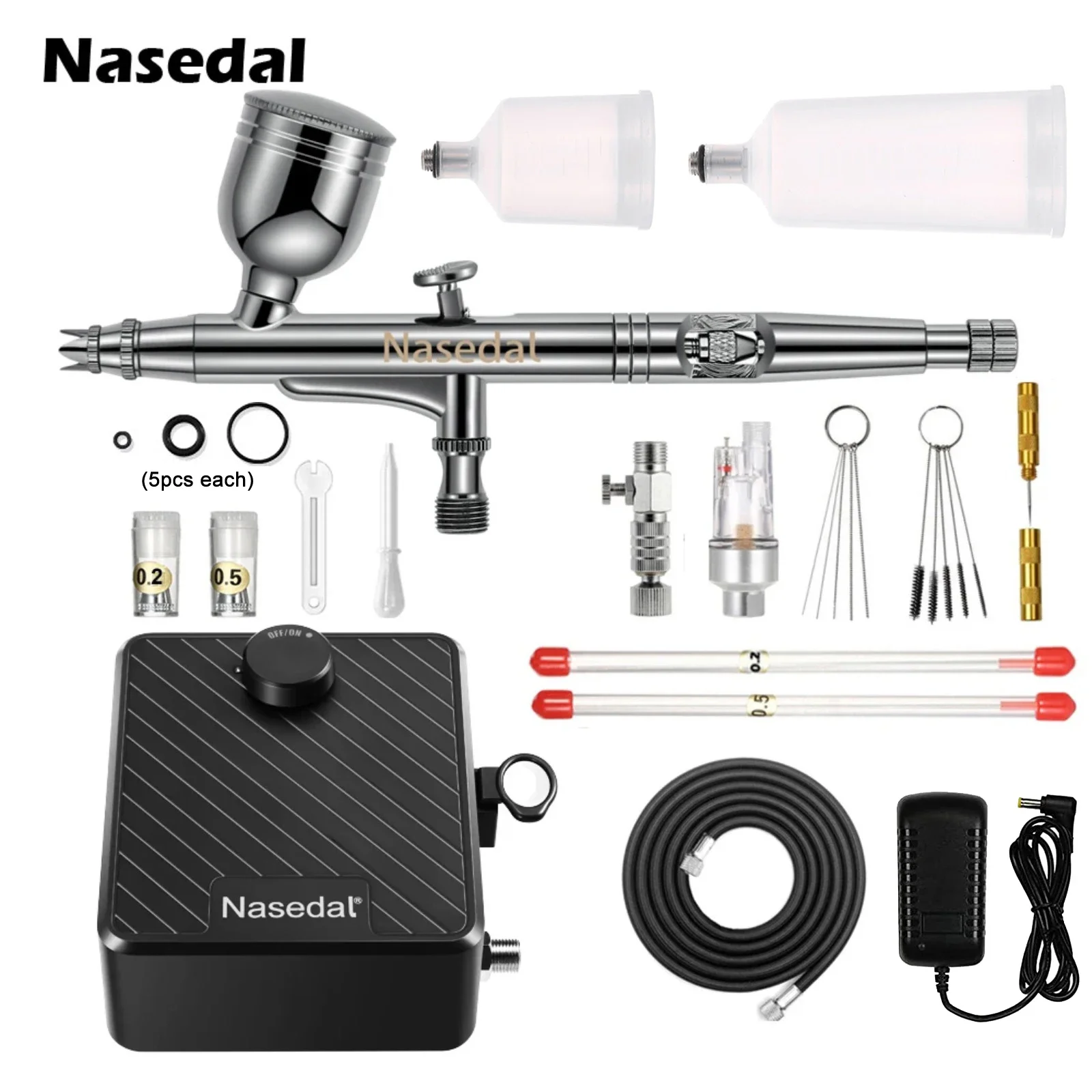 

Nasedal Airbrush Kit Upgraded 40 PSI Dual-Action Airbrush Compressor Kit for Nail Makeup Model Cake Painting 0.2mm/0.3mm/0.5mm