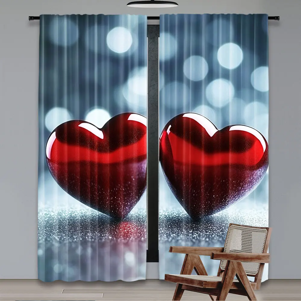 2Pcs Two Red Hearts Curtains Fashion Aesthetic Art Curtains Personalized Two Hearts Close Together Curtains A