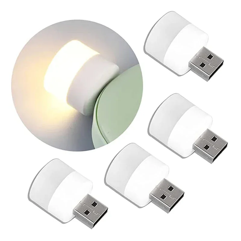 Mini luz nocturna USB blanca cálida, luz de lectura de libro de protección ocular, enchufe USB, computadora, carga de energía móvil, lámpara LED de